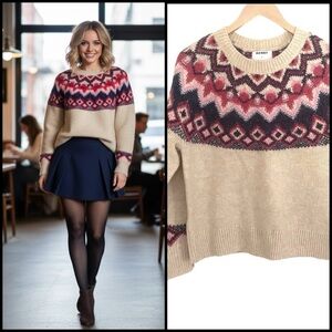 Old Navy Fair Isle Geometric Print Beige Knit Preppy Academia Retro Sweater XS